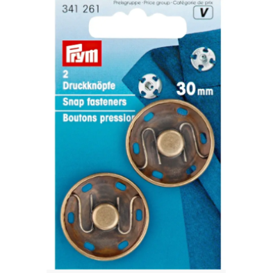 Prym 341261 Cierres a presión, 30 mm, latón antiguo