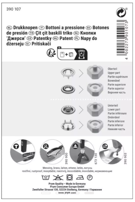 PRYM 390 107 Botones de presión sin coser Jersey, anillo dentado, 10mm, plateado