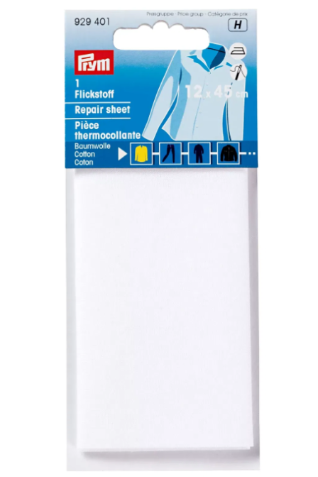 PRYM 929 401 Tela para remendar, algodón, para aplicar con la plancha, 12 x 45cm, blanco