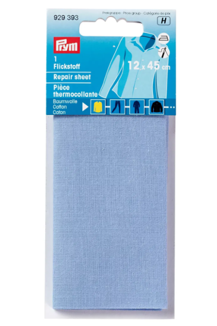 PRYM 929 393 Tela para remendar, algodón, para aplicar con la plancha, 12x45cm, azul cielo