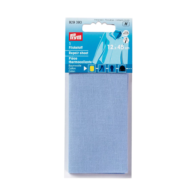 PRYM 929 393 Tela para remendar, algodón, para aplicar con la plancha, 12x45cm, azul cielo